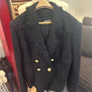 Balmain Black Textured Blazer with Gold Buttons
